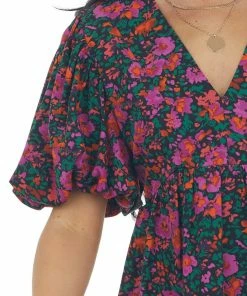 Entro Black Floral Print Puff Sleeve Mini Dress Dresses