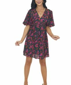 Entro Black Floral Print Puff Sleeve Mini Dress Dresses