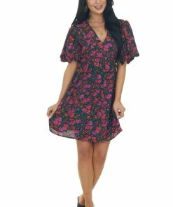 Entro Black Floral Print Puff Sleeve Mini Dress Dresses