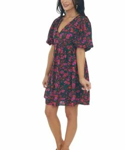 Entro Black Floral Print Puff Sleeve Mini Dress Dresses