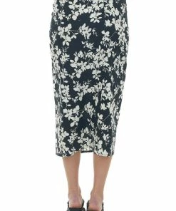 Lush Clothing Black Floral Print Ruched Front Midi Skirt