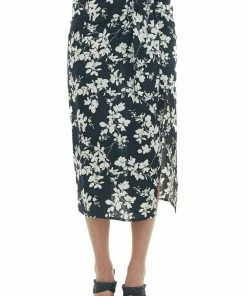 Lush Clothing Black Floral Print Ruched Front Midi Skirt