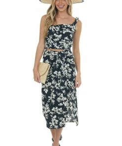 Lush Clothing Black Floral Print Ruched Front Midi Skirt