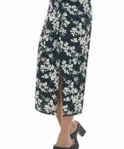 Lush Clothing Black Floral Print Ruched Front Midi Skirt
