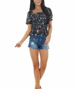 Entro Black Floral Print Short Sleeve Blouse With Smocked Details Tops