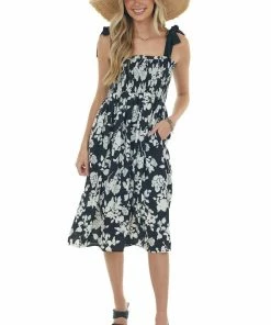 Staccato Dresses Black Floral Print Smocked Sleeveless Dress