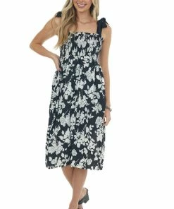 Staccato Dresses Black Floral Print Smocked Sleeveless Dress