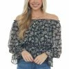 Eesome Black Floral Print Smocked Waist Blouse Tops