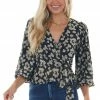 She + Sky Tops Black Floral Print Surplice Long Sleeve Blouse