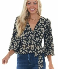 She + Sky Tops Black Floral Print Surplice Long Sleeve Blouse