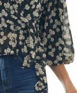 She + Sky Tops Black Floral Print Surplice Long Sleeve Blouse