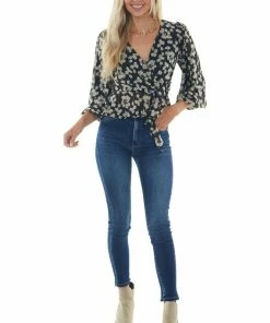 She + Sky Tops Black Floral Print Surplice Long Sleeve Blouse