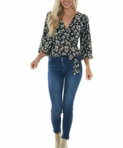 She + Sky Tops Black Floral Print Surplice Long Sleeve Blouse
