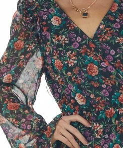 Peach Love Black Floral Print Surplice Woven Mini Dress Dresses