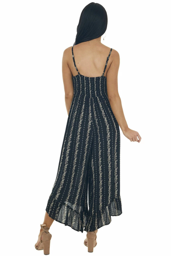 ANGIE Black Floral Sleeveless Flare Leg Jumpsuit Dresses 8 ANGIE Black Floral Sleeveless Flare Leg Jumpsuit Dresses