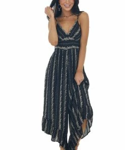 ANGIE Black Floral Sleeveless Flare Leg Jumpsuit Dresses 12 ANGIE Black Floral Sleeveless Flare Leg Jumpsuit Dresses