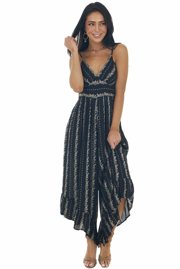 ANGIE Black Floral Sleeveless Flare Leg Jumpsuit Dresses 6 ANGIE Black Floral Sleeveless Flare Leg Jumpsuit Dresses