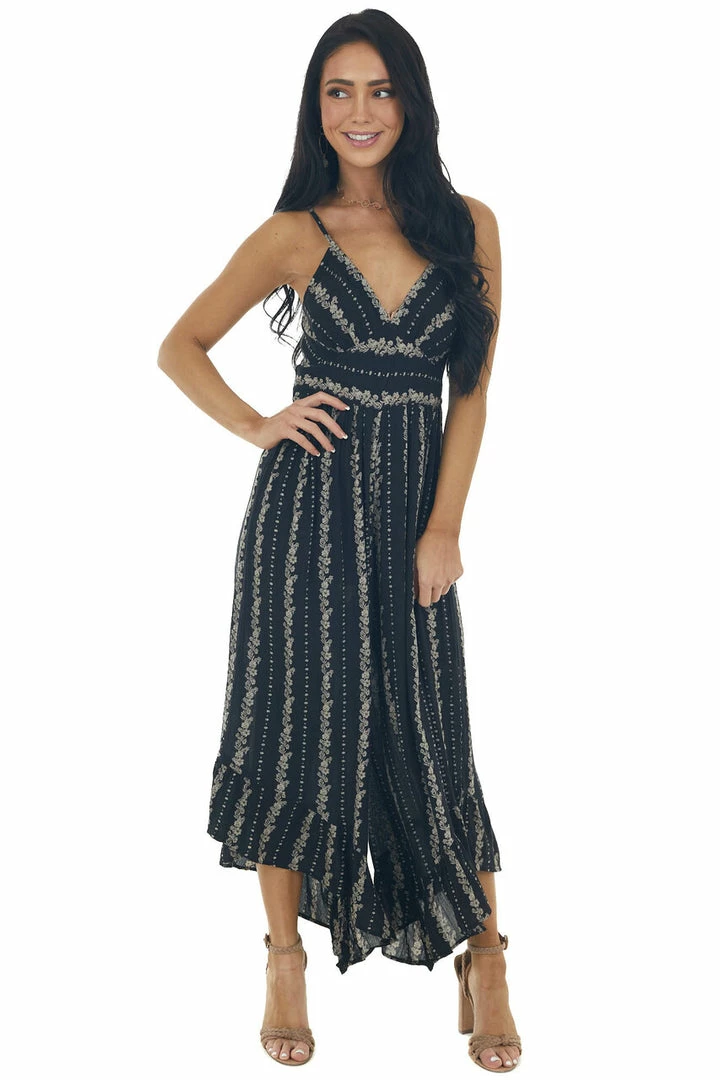 ANGIE Black Floral Sleeveless Flare Leg Jumpsuit Dresses 5 ANGIE Black Floral Sleeveless Flare Leg Jumpsuit Dresses