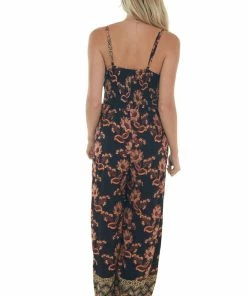 ANGIE Black Floral Smocked Bodice Wide Leg Jumpsuit