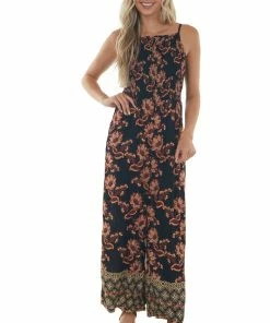 ANGIE Black Floral Smocked Bodice Wide Leg Jumpsuit