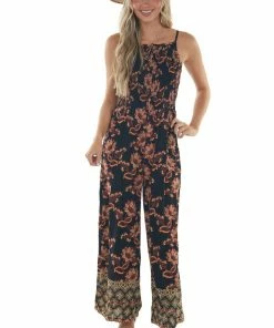 ANGIE Black Floral Smocked Bodice Wide Leg Jumpsuit