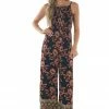 ANGIE Black Floral Smocked Bodice Wide Leg Jumpsuit