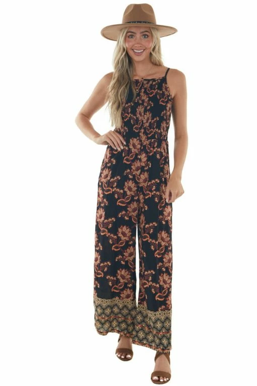 ANGIE Black Floral Smocked Bodice Wide Leg Jumpsuit 1 ANGIE Black Floral Smocked Bodice Wide Leg Jumpsuit