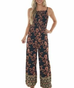ANGIE Black Floral Smocked Bodice Wide Leg Jumpsuit