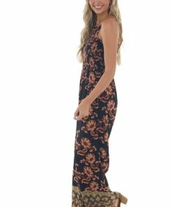 ANGIE Black Floral Smocked Bodice Wide Leg Jumpsuit