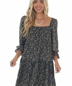 She + Sky Dresses Black Floral Square Neck Tiered Babydoll Dress