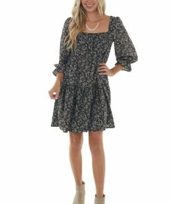 She + Sky Dresses Black Floral Square Neck Tiered Babydoll Dress 21 She + Sky Dresses Black Floral Square Neck Tiered Babydoll Dress