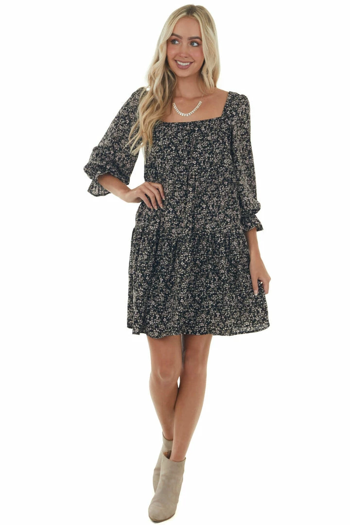 She + Sky Dresses Black Floral Square Neck Tiered Babydoll Dress 5 She + Sky Dresses Black Floral Square Neck Tiered Babydoll Dress
