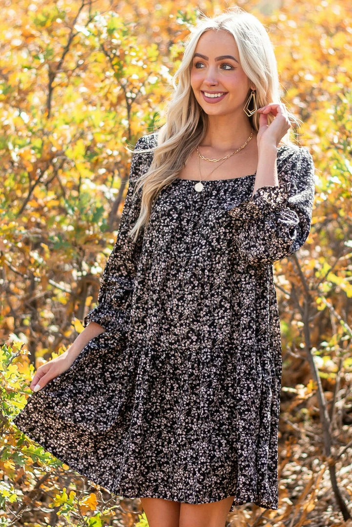 She + Sky Dresses Black Floral Square Neck Tiered Babydoll Dress 10 She + Sky Dresses Black Floral Square Neck Tiered Babydoll Dress