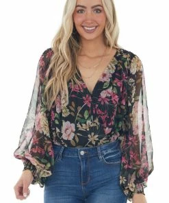 Flying Tomato Tops Black Floral Surplice Bubble Sleeve Bodysuit