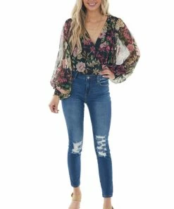 Flying Tomato Tops Black Floral Surplice Bubble Sleeve Bodysuit 20 Flying Tomato Tops Black Floral Surplice Bubble Sleeve Bodysuit