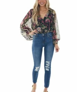Flying Tomato Tops Black Floral Surplice Bubble Sleeve Bodysuit 22 Flying Tomato Tops Black Floral Surplice Bubble Sleeve Bodysuit