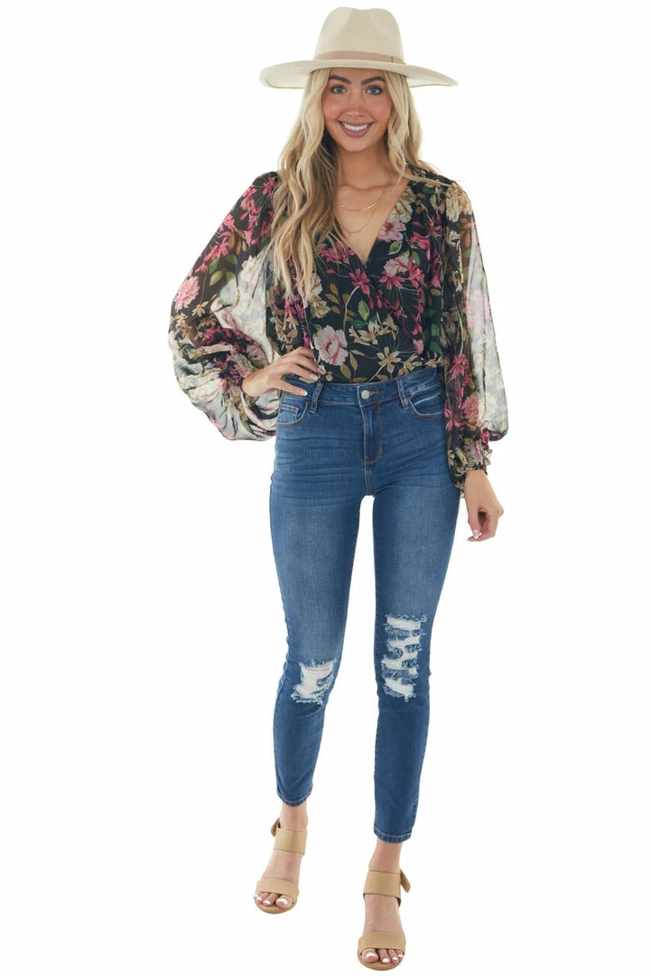 Flying Tomato Tops Black Floral Surplice Bubble Sleeve Bodysuit 7 Flying Tomato Tops Black Floral Surplice Bubble Sleeve Bodysuit