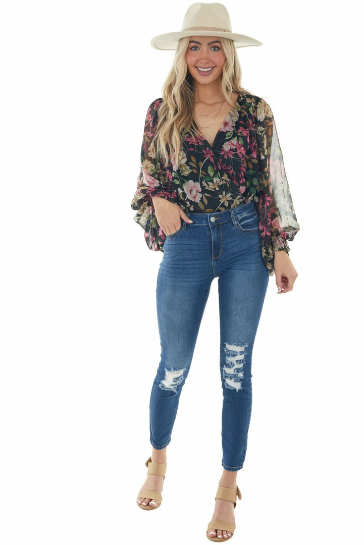 Flying Tomato Tops Black Floral Surplice Bubble Sleeve Bodysuit 6 Flying Tomato Tops Black Floral Surplice Bubble Sleeve Bodysuit