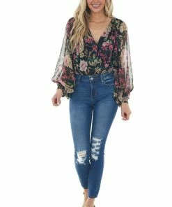 Flying Tomato Tops Black Floral Surplice Bubble Sleeve Bodysuit