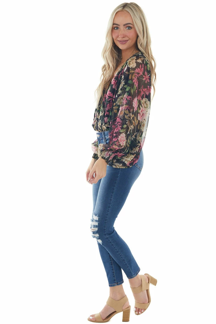 Flying Tomato Tops Black Floral Surplice Bubble Sleeve Bodysuit 8 Flying Tomato Tops Black Floral Surplice Bubble Sleeve Bodysuit