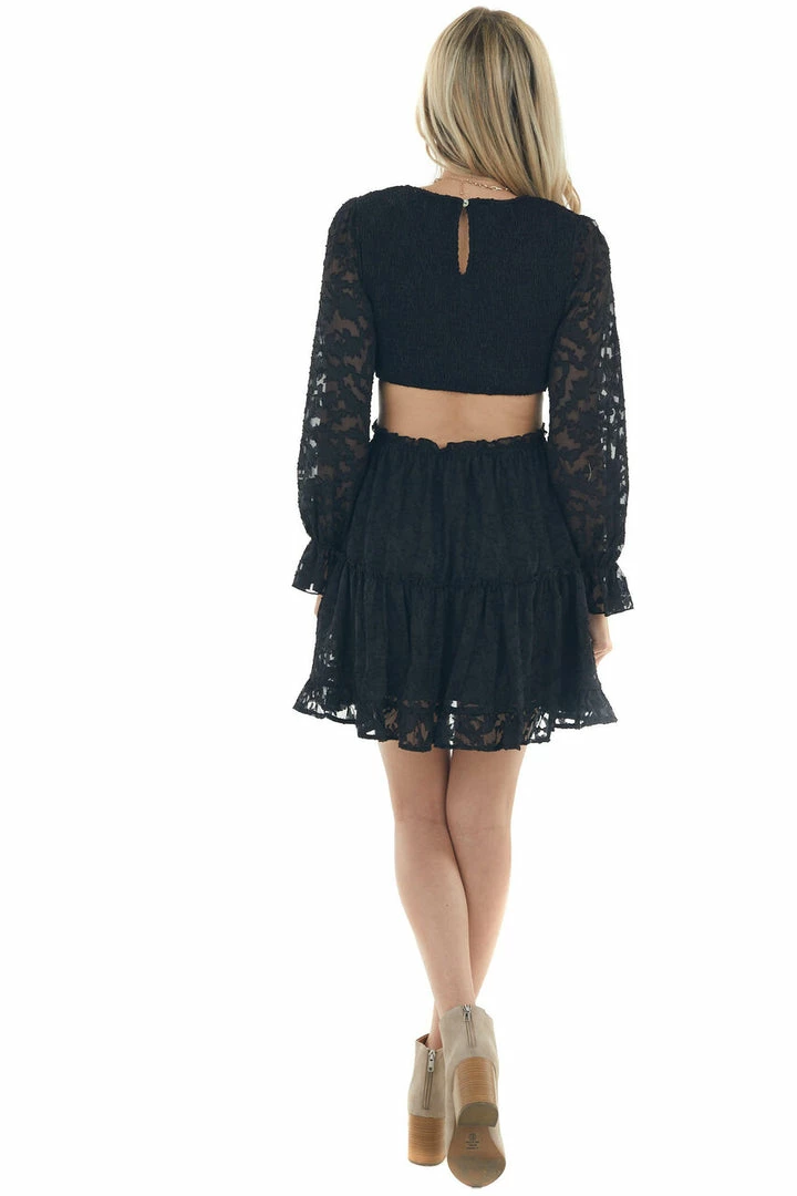 Peach Love Black Floral Textured Cut Out Waist Mini Dress Dresses 9 Peach Love Black Floral Textured Cut Out Waist Mini Dress Dresses