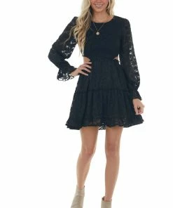 Peach Love Black Floral Textured Cut Out Waist Mini Dress Dresses