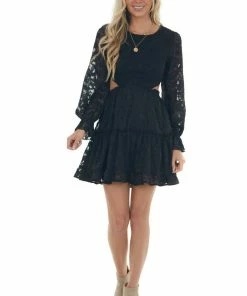 Peach Love Black Floral Textured Cut Out Waist Mini Dress Dresses 24 Peach Love Black Floral Textured Cut Out Waist Mini Dress Dresses