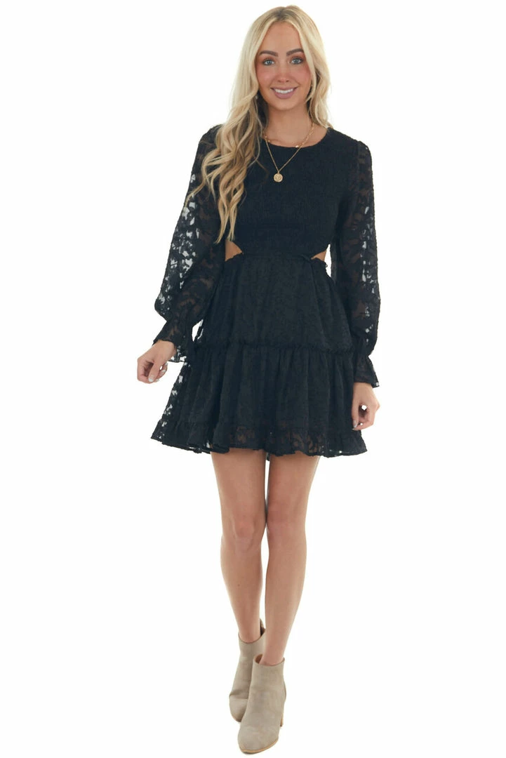 Peach Love Black Floral Textured Cut Out Waist Mini Dress Dresses 7 Peach Love Black Floral Textured Cut Out Waist Mini Dress Dresses