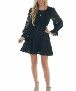 Peach Love Black Floral Textured Cut Out Waist Mini Dress Dresses 22 Peach Love Black Floral Textured Cut Out Waist Mini Dress Dresses