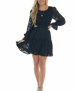 Peach Love Black Floral Textured Cut Out Waist Mini Dress Dresses 23 Peach Love Black Floral Textured Cut Out Waist Mini Dress Dresses