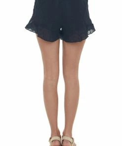 HYFVE Black Floral Textured Ruffle Hem Shorts Bottoms