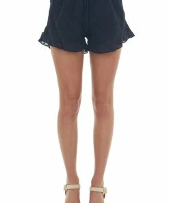 HYFVE Black Floral Textured Ruffle Hem Shorts Bottoms