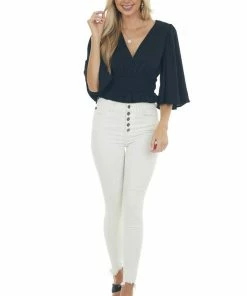 Entro Tops Black Flutter Sleeve Smocked Peplum Blouse