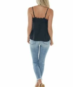 Hem & Thread Tops Black Frayed Scalloped Lace Satin Cami